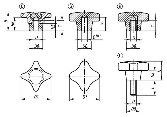 Manípulos de quatro pontas semelhantes à norma DIN 6335