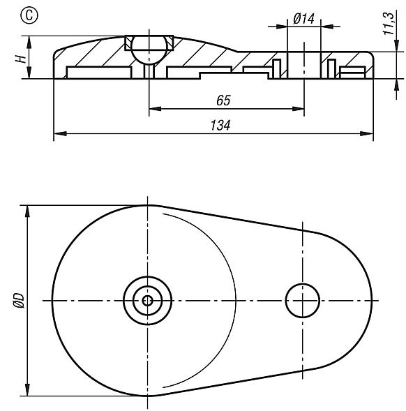 Base com placa de fixação integrada para pés niveladores articulados em Zamak, forma C