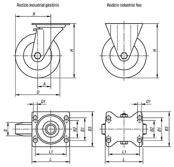 Rodízios industriais giratórios e fixos em chapa de aço, versão padrão